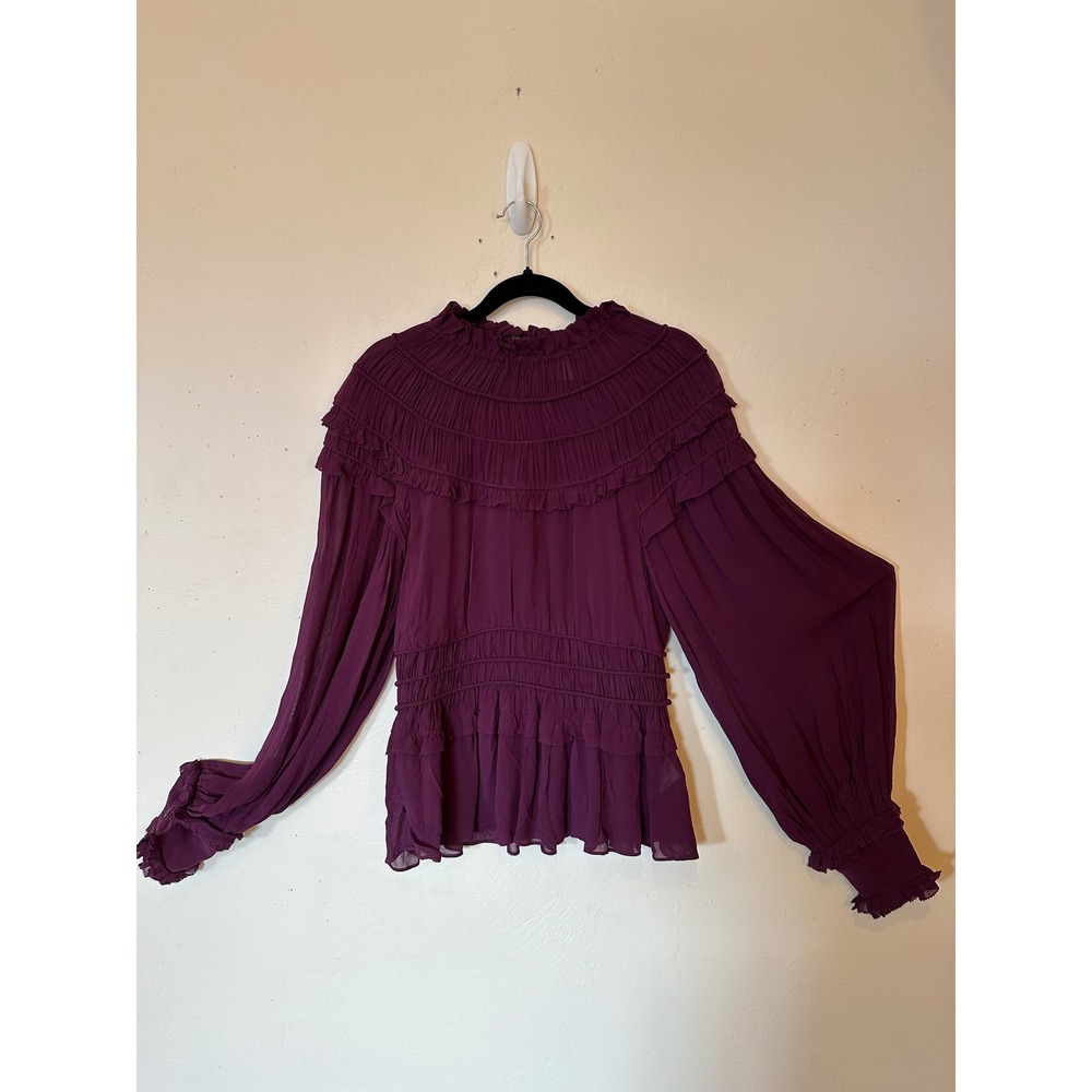Farm Rio Purple Ruffle Smocked High Neck Blouse Balloon Sleeve Plum Top S 315975